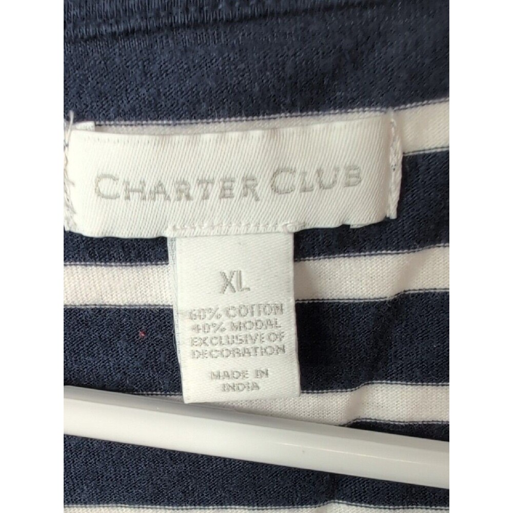 Charter Club 100% Cotton Mavy & White Striped Tee with Pineapple Patch Size XL - Picture 2 of 9